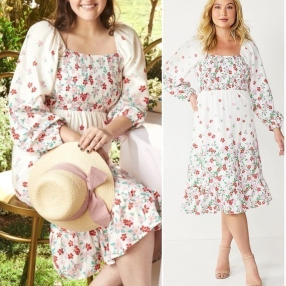 DRAPER JAMES smocked long sleeve floral midi dress